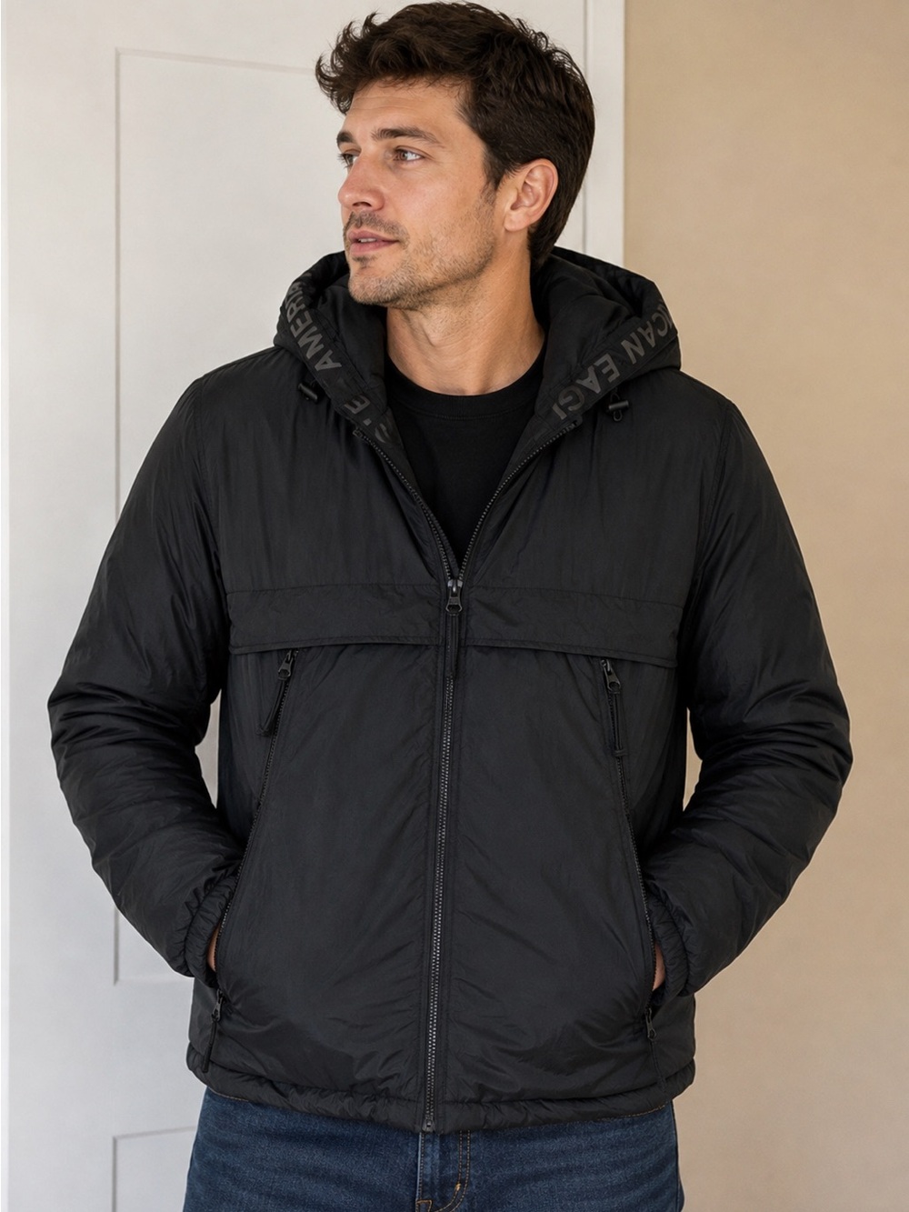 American Eagle Men’s Medium Black Hooded Puffer Jacket Performance Coat